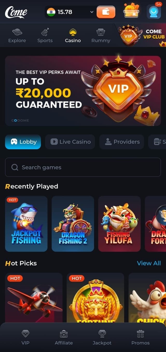 ComeAap APK app interface preview showing the gaming dashboard